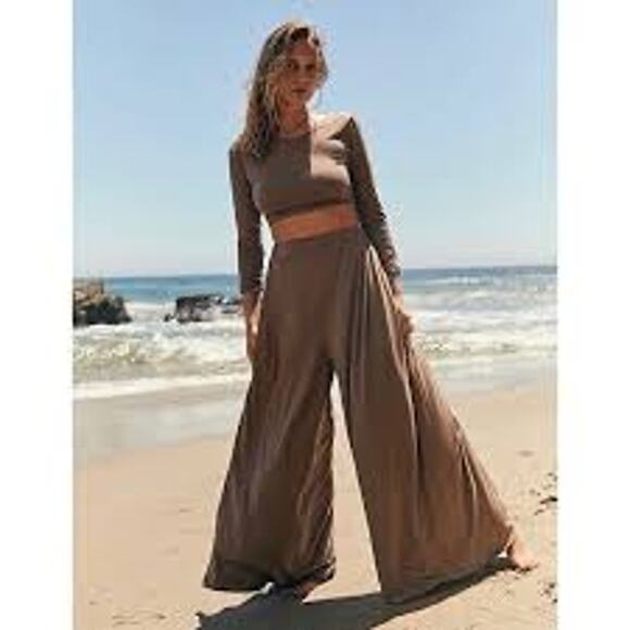 FP BEACH Alia Wide Leg Jersey Knit Pants Java Dark Brown Medium M FREE PEOPLE - Picture 1 of 5